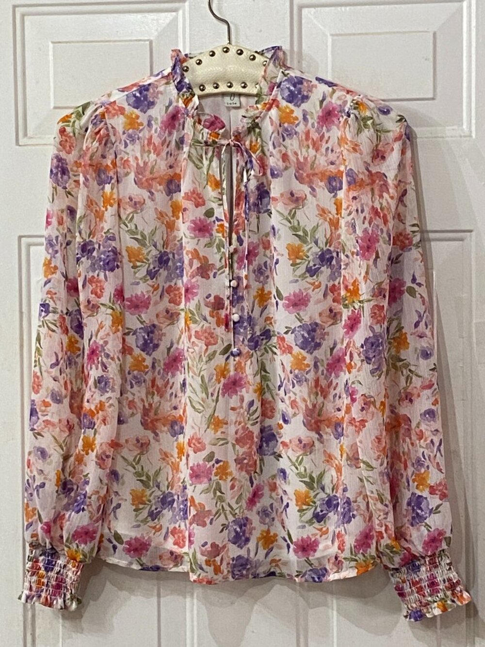 Joie Sz XS Blouse Popover Long Sleeve Ruffle Tied Neck Sheer Lined Multi Floral